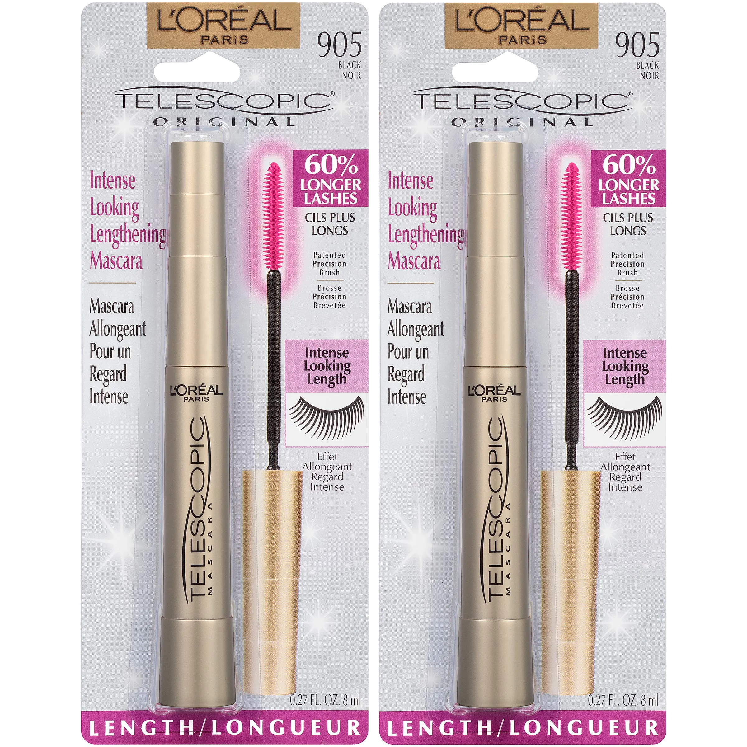 L'Oreal Paris Makeup Telescopic Original Lengthening Mascara, 0.27 Fl Oz (Pack of 2), Washable Black