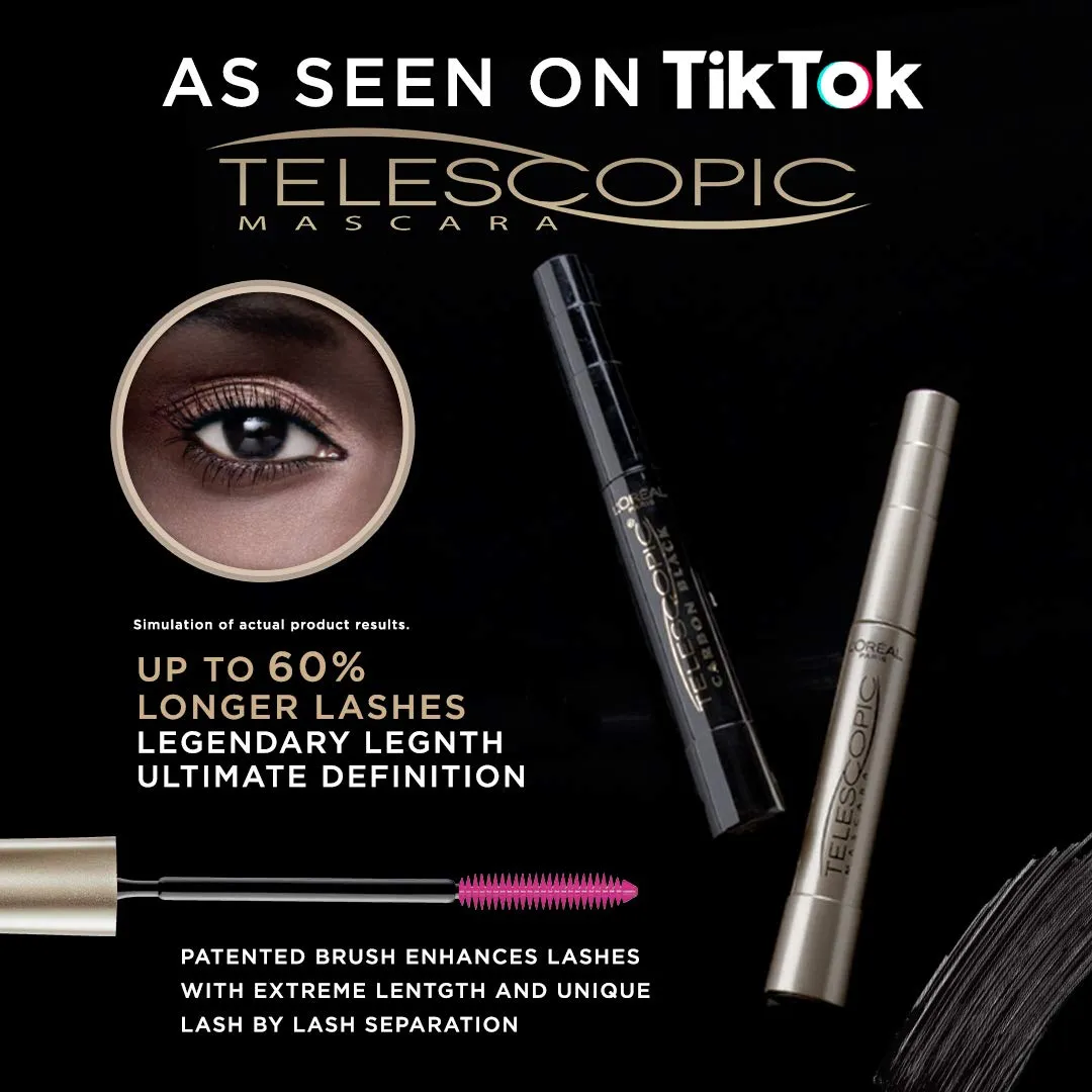 L'Oreal Paris Makeup Telescopic Original Lengthening Mascara, Blackest Black, 0.27 Fl Oz (Pack of 2)
