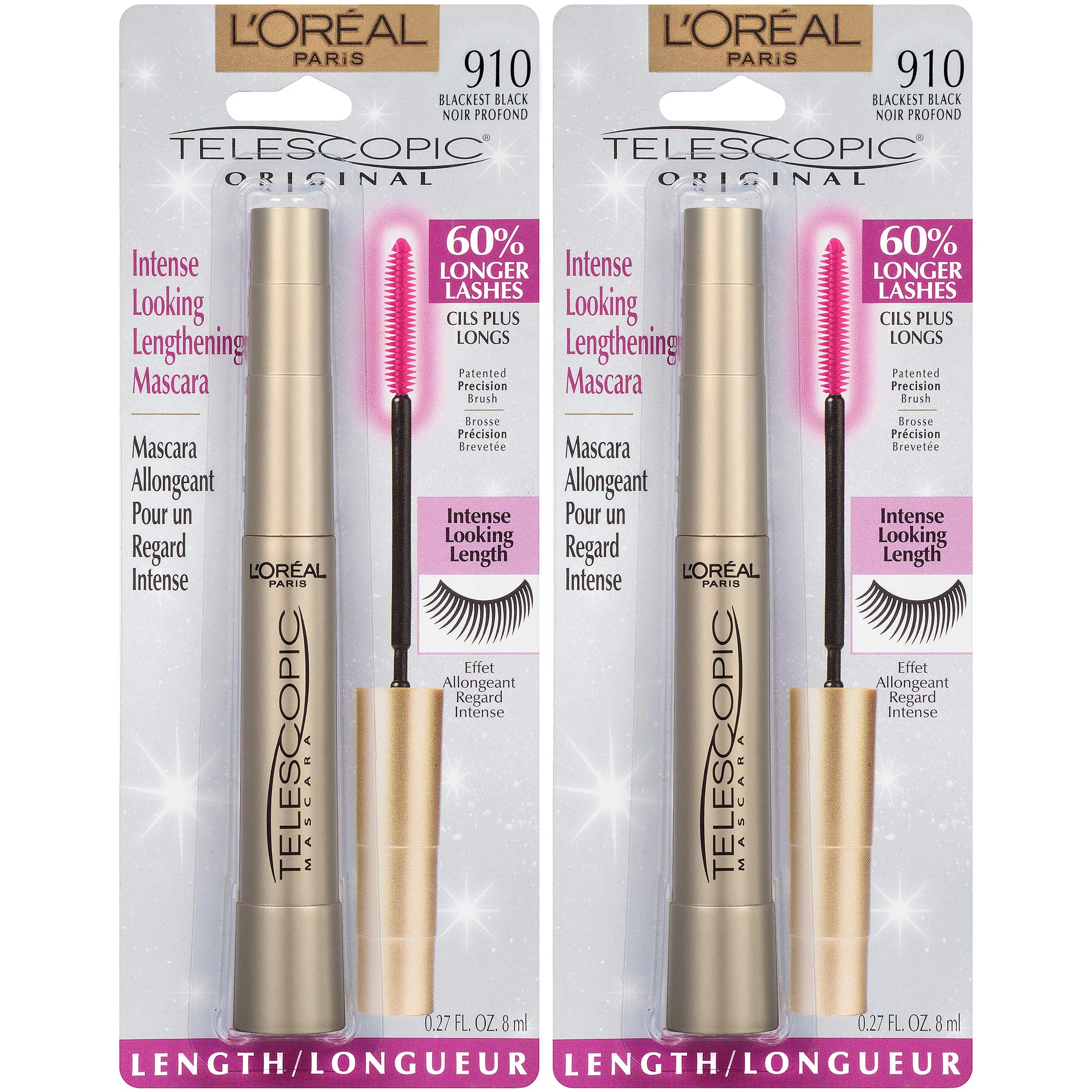 L'Oreal Paris Makeup Telescopic Original Lengthening Mascara, Blackest Black, 0.27 Fl Oz (Pack of 2)